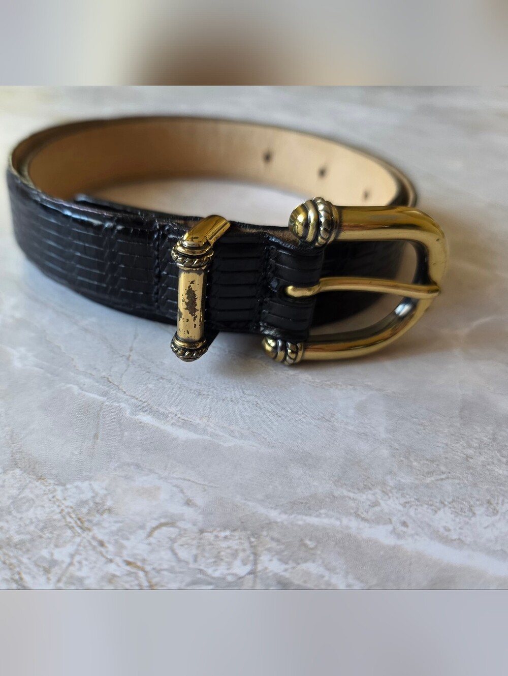Talbots Italian Calfskin Leather Belt S Croc Embossed Gold Buckle Old Money